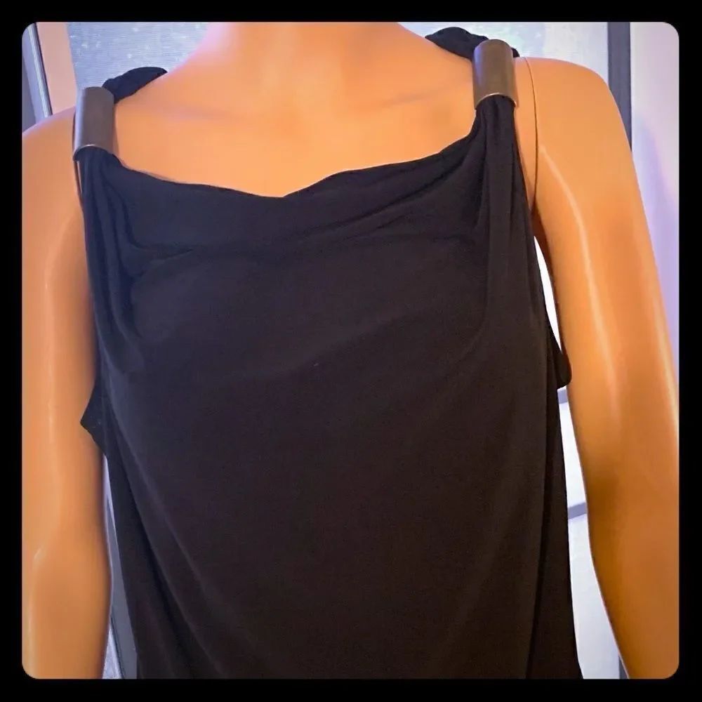 Kenneth Cole Reaction Black Woman’s Top Short Sleeve Square Neck Bronze Accent